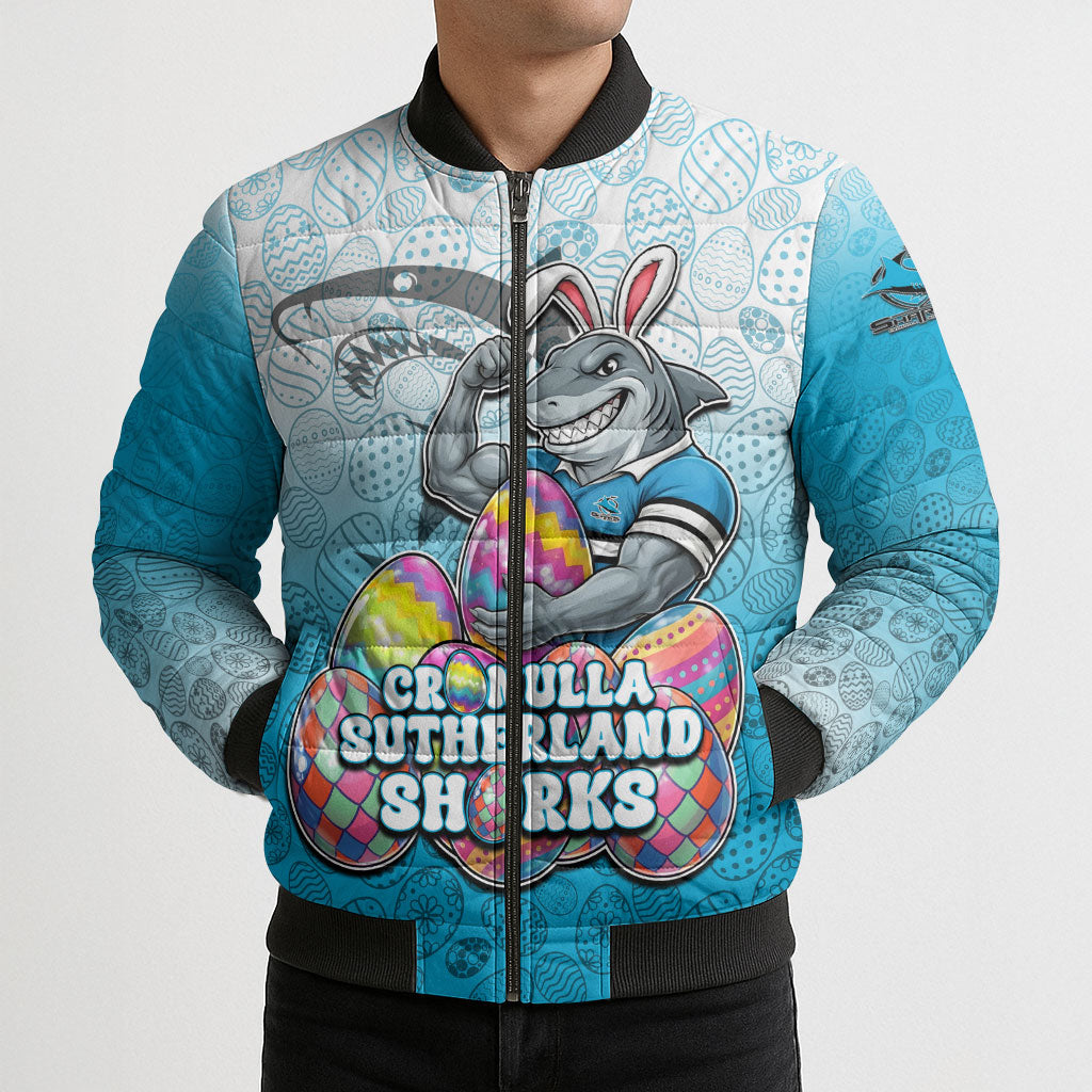 Personalized Cronulla Sutherland Sharks Bomber Puffer Jacket Easter Mascot - Colorful Eggs Cartoon Style