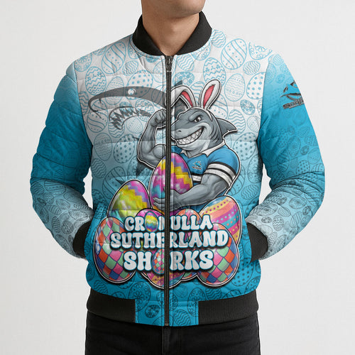 Personalized Cronulla Sutherland Sharks Bomber Puffer Jacket Easter Mascot - Colorful Eggs Cartoon Style