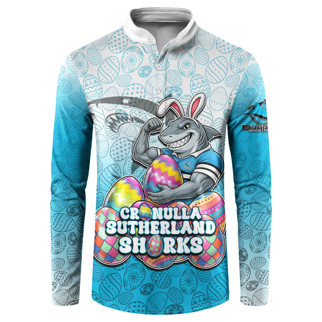 Personalized Cronulla Sutherland Sharks Button Sweatshirt Easter Mascot - Colorful Eggs Cartoon Style