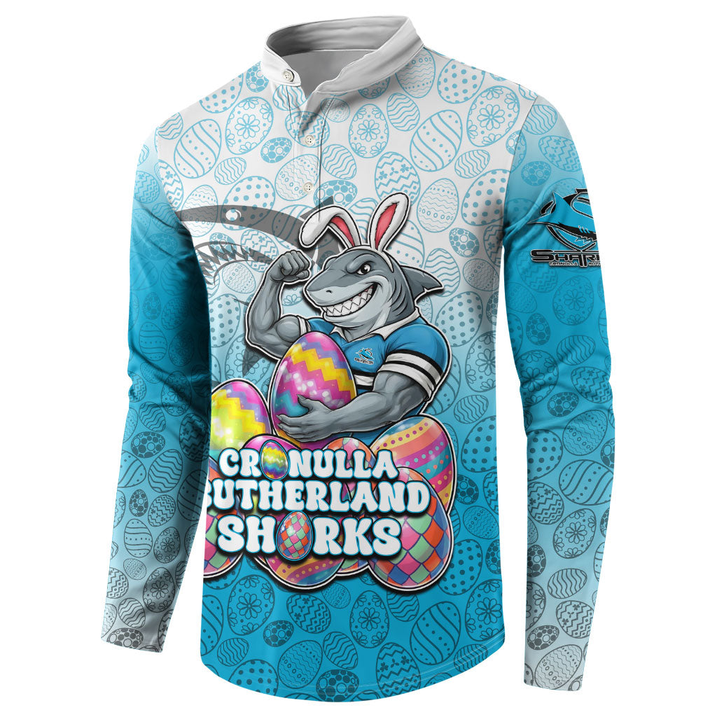 Personalized Cronulla Sutherland Sharks Button Sweatshirt Easter Mascot - Colorful Eggs Cartoon Style