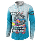 Personalized Cronulla Sutherland Sharks Button Sweatshirt Easter Mascot - Colorful Eggs Cartoon Style