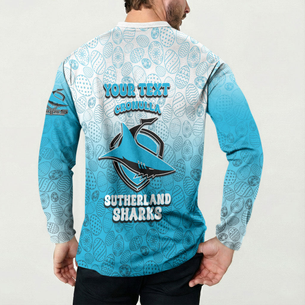 Personalized Cronulla Sutherland Sharks Button Sweatshirt Easter Mascot - Colorful Eggs Cartoon Style