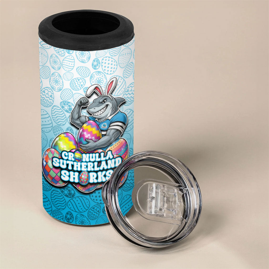 Personalized Cronulla Sutherland Sharks 4 in 1 Can Cooler Tumbler Easter Mascot - Colorful Eggs Cartoon Style