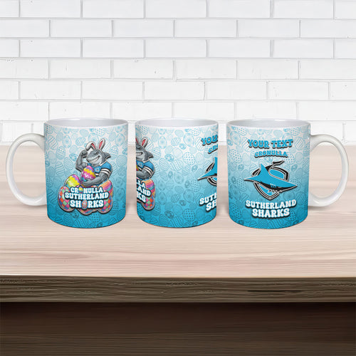 Personalized Cronulla Sutherland Sharks Ceramic Mug Easter Mascot - Colorful Eggs Cartoon Style