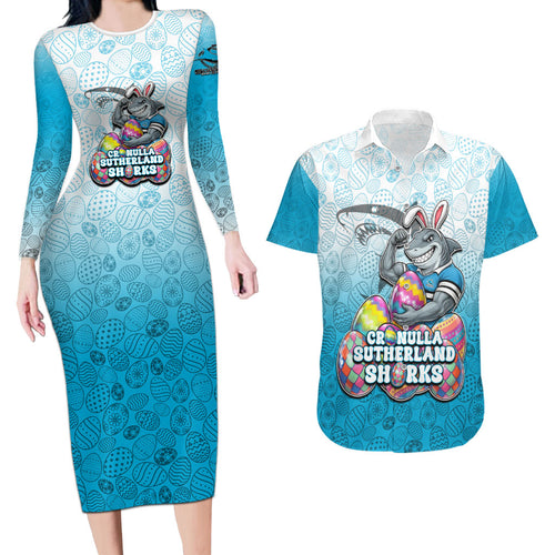 Personalized Cronulla Sutherland Sharks Couples Matching Long Sleeve Bodycon Dress and Hawaiian Shirt Easter Mascot - Colorful Eggs Cartoon Style