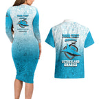 Personalized Cronulla Sutherland Sharks Couples Matching Long Sleeve Bodycon Dress and Hawaiian Shirt Easter Mascot - Colorful Eggs Cartoon Style
