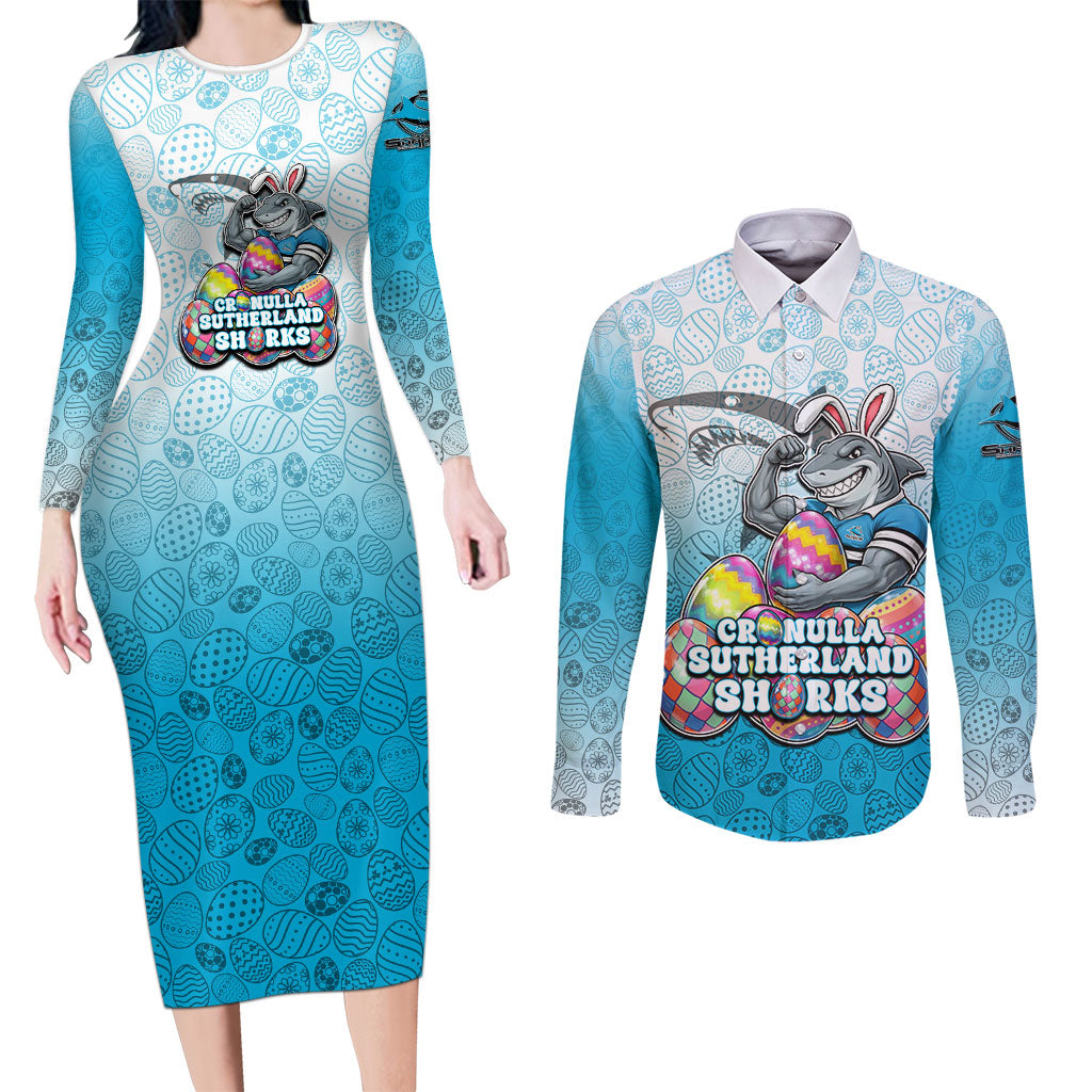 Personalized Cronulla Sutherland Sharks Couples Matching Long Sleeve Bodycon Dress and Long Sleeve Button Shirt Easter Mascot - Colorful Eggs Cartoon Style