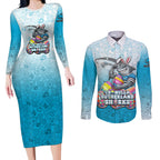 Personalized Cronulla Sutherland Sharks Couples Matching Long Sleeve Bodycon Dress and Long Sleeve Button Shirt Easter Mascot - Colorful Eggs Cartoon Style