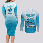 Personalized Cronulla Sutherland Sharks Couples Matching Long Sleeve Bodycon Dress and Long Sleeve Button Shirt Easter Mascot - Colorful Eggs Cartoon Style