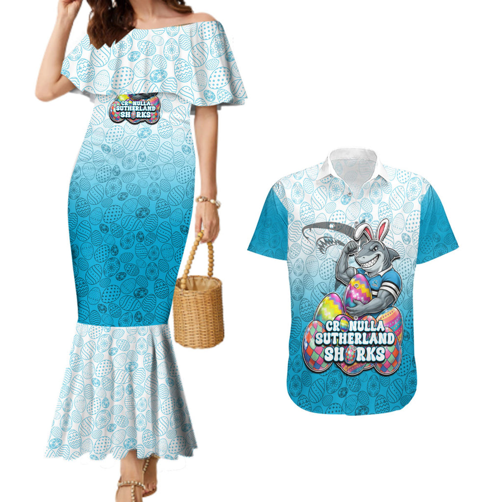 Personalized Cronulla Sutherland Sharks Couples Matching Mermaid Dress and Hawaiian Shirt Easter Mascot - Colorful Eggs Cartoon Style