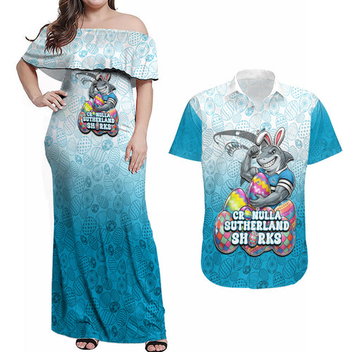 Personalized Cronulla Sutherland Sharks Couples Matching Off Shoulder Maxi Dress and Hawaiian Shirt Easter Mascot - Colorful Eggs Cartoon Style