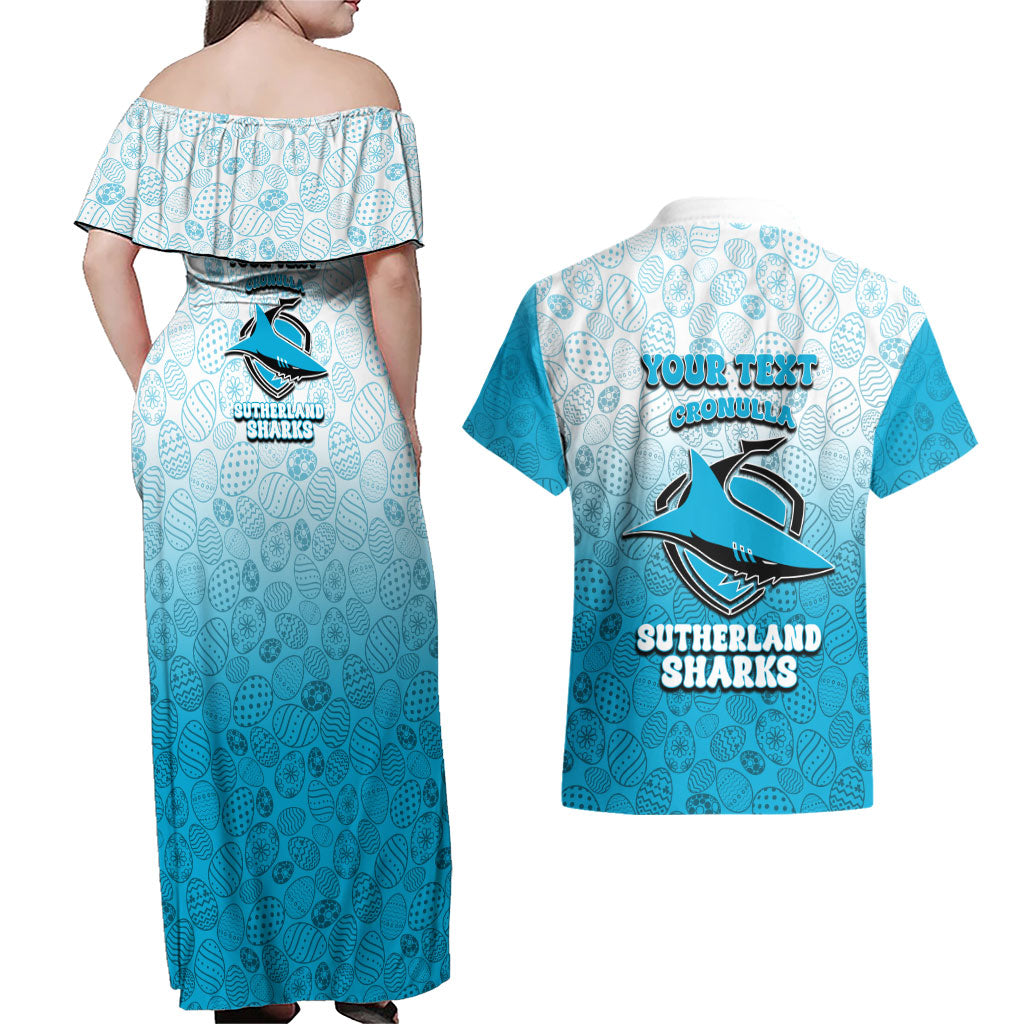 Personalized Cronulla Sutherland Sharks Couples Matching Off Shoulder Maxi Dress and Hawaiian Shirt Easter Mascot - Colorful Eggs Cartoon Style