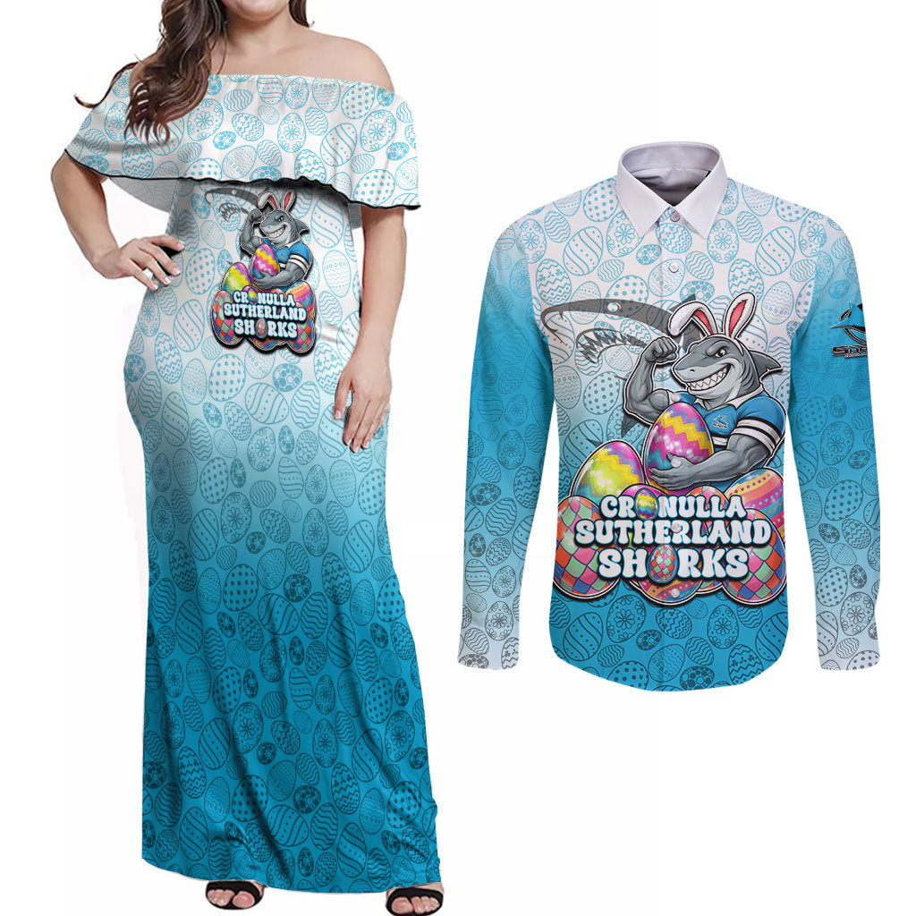 Personalized Cronulla Sutherland Sharks Couples Matching Off Shoulder Maxi Dress and Long Sleeve Button Shirt Easter Mascot - Colorful Eggs Cartoon Style