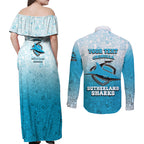 Personalized Cronulla Sutherland Sharks Couples Matching Off Shoulder Maxi Dress and Long Sleeve Button Shirt Easter Mascot - Colorful Eggs Cartoon Style