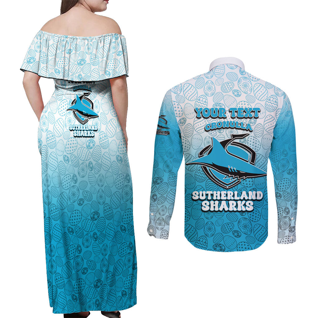 Personalized Cronulla Sutherland Sharks Couples Matching Off Shoulder Maxi Dress and Long Sleeve Button Shirt Easter Mascot - Colorful Eggs Cartoon Style