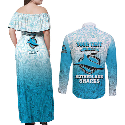 Personalized Cronulla Sutherland Sharks Couples Matching Off Shoulder Maxi Dress and Long Sleeve Button Shirt Easter Mascot - Colorful Eggs Cartoon Style