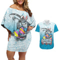 Personalized Cronulla Sutherland Sharks Couples Matching Off Shoulder Short Dress and Hawaiian Shirt Easter Mascot - Colorful Eggs Cartoon Style