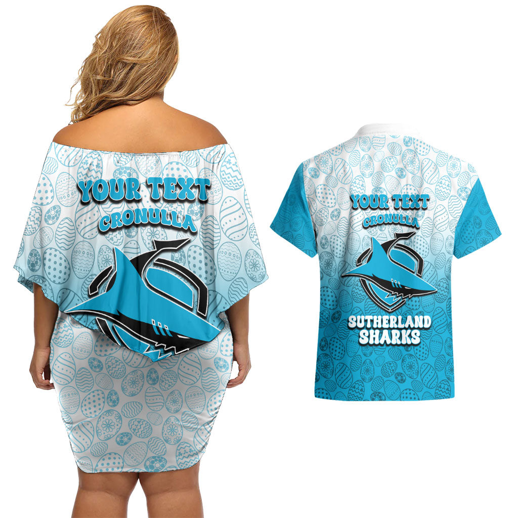 Personalized Cronulla Sutherland Sharks Couples Matching Off Shoulder Short Dress and Hawaiian Shirt Easter Mascot - Colorful Eggs Cartoon Style