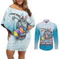 Personalized Cronulla Sutherland Sharks Couples Matching Off Shoulder Short Dress and Long Sleeve Button Shirt Easter Mascot - Colorful Eggs Cartoon Style