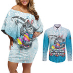 Personalized Cronulla Sutherland Sharks Couples Matching Off Shoulder Short Dress and Long Sleeve Button Shirt Easter Mascot - Colorful Eggs Cartoon Style