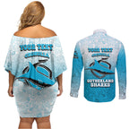 Personalized Cronulla Sutherland Sharks Couples Matching Off Shoulder Short Dress and Long Sleeve Button Shirt Easter Mascot - Colorful Eggs Cartoon Style