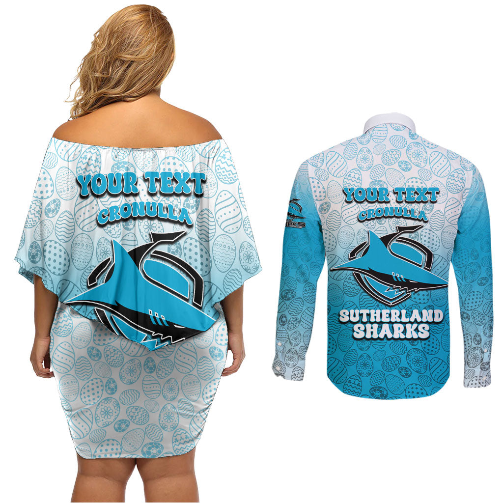 Personalized Cronulla Sutherland Sharks Couples Matching Off Shoulder Short Dress and Long Sleeve Button Shirt Easter Mascot - Colorful Eggs Cartoon Style