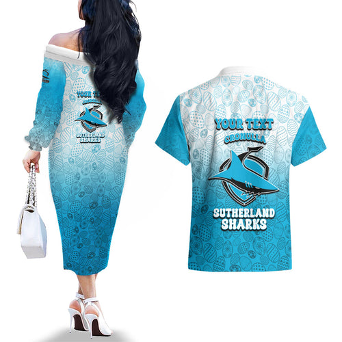 Personalized Cronulla Sutherland Sharks Couples Matching Off The Shoulder Long Sleeve Dress and Hawaiian Shirt Easter Mascot - Colorful Eggs Cartoon Style