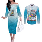 Personalized Cronulla Sutherland Sharks Couples Matching Off The Shoulder Long Sleeve Dress and Long Sleeve Button Shirt Easter Mascot - Colorful Eggs Cartoon Style