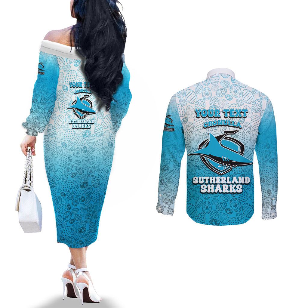 Personalized Cronulla Sutherland Sharks Couples Matching Off The Shoulder Long Sleeve Dress and Long Sleeve Button Shirt Easter Mascot - Colorful Eggs Cartoon Style