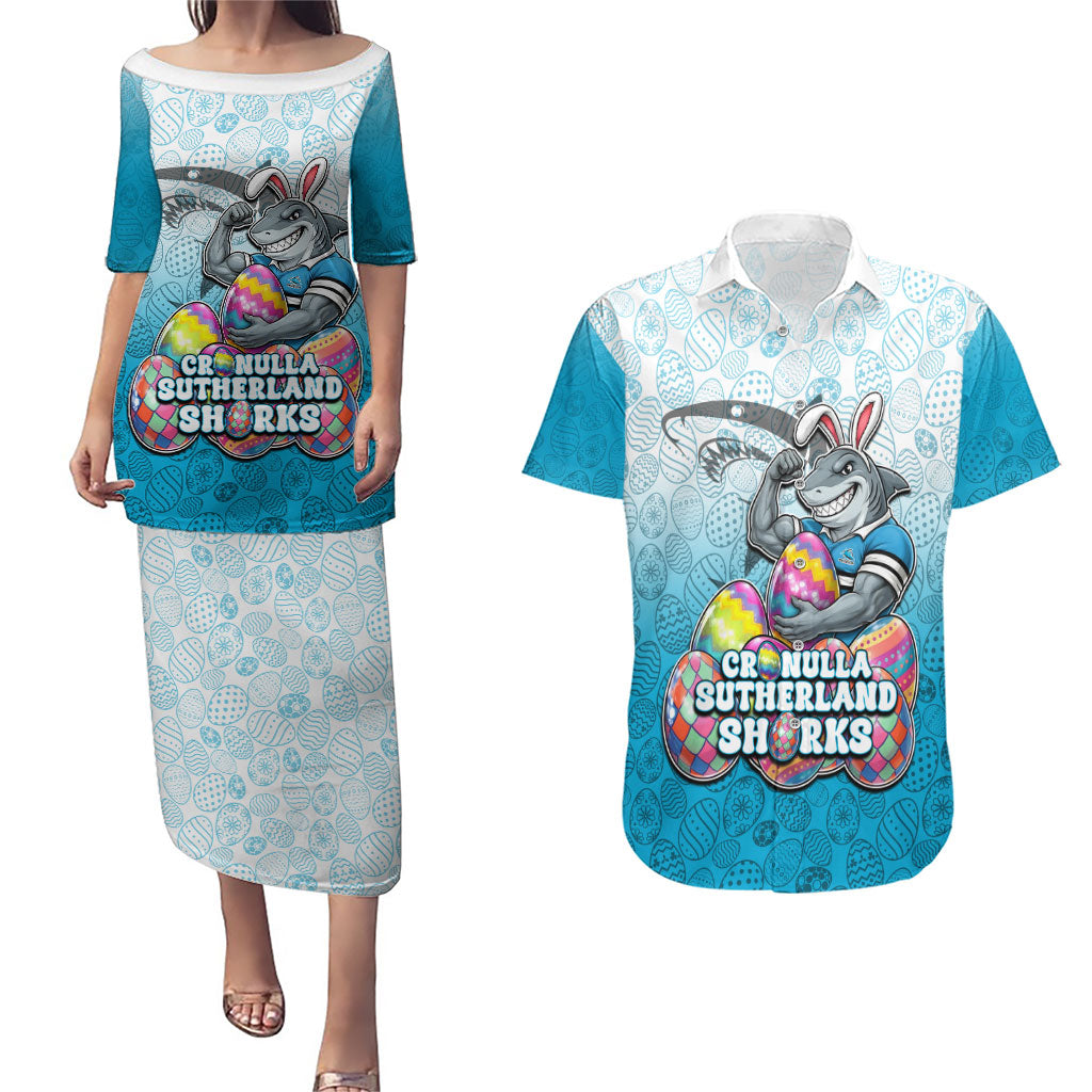 Personalized Cronulla Sutherland Sharks Couples Matching Puletasi and Hawaiian Shirt Easter Mascot - Colorful Eggs Cartoon Style