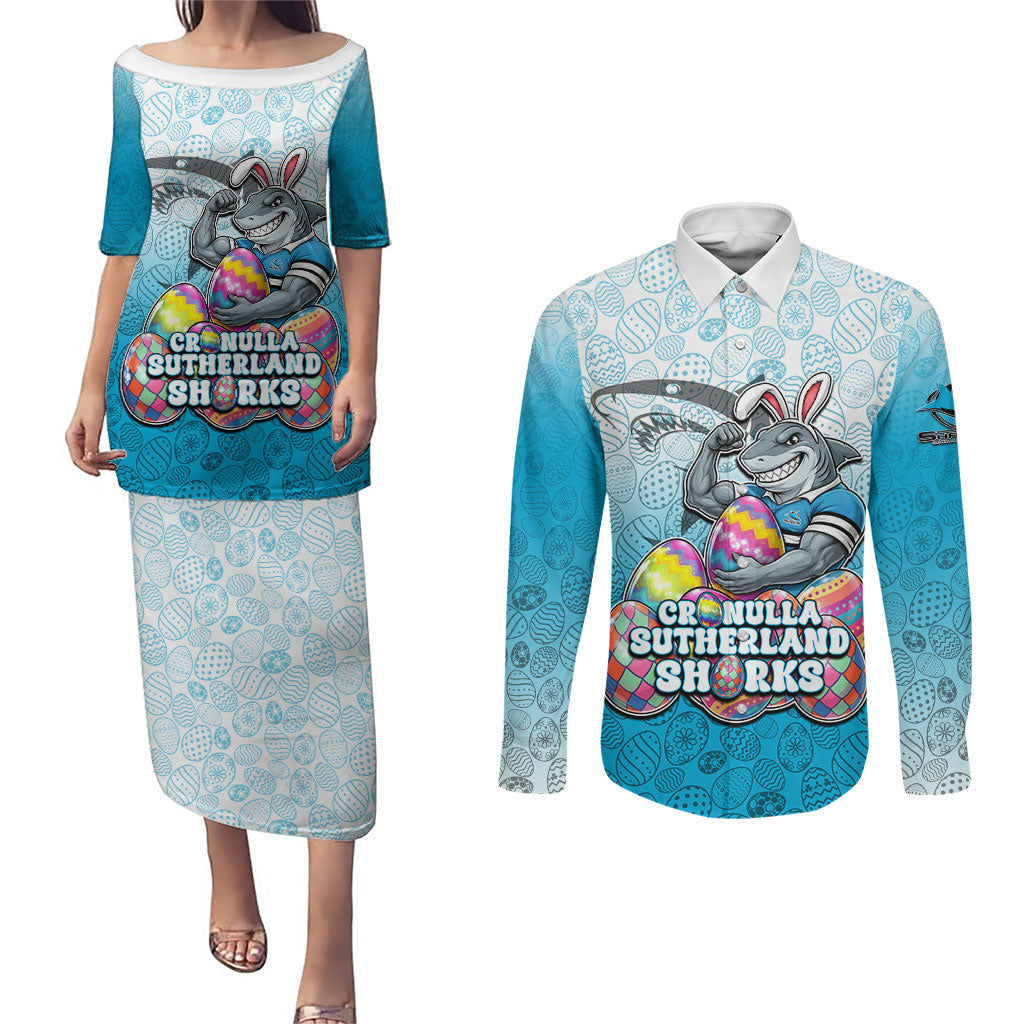 Personalized Cronulla Sutherland Sharks Couples Matching Puletasi and Long Sleeve Button Shirt Easter Mascot - Colorful Eggs Cartoon Style