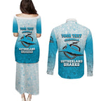 Personalized Cronulla Sutherland Sharks Couples Matching Puletasi and Long Sleeve Button Shirt Easter Mascot - Colorful Eggs Cartoon Style