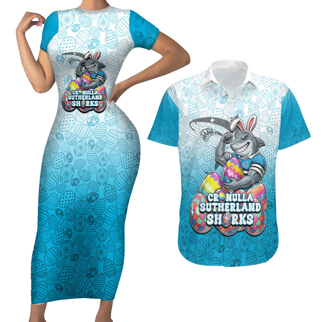 Personalized Cronulla Sutherland Sharks Couples Matching Short Sleeve Bodycon Dress and Hawaiian Shirt Easter Mascot - Colorful Eggs Cartoon Style