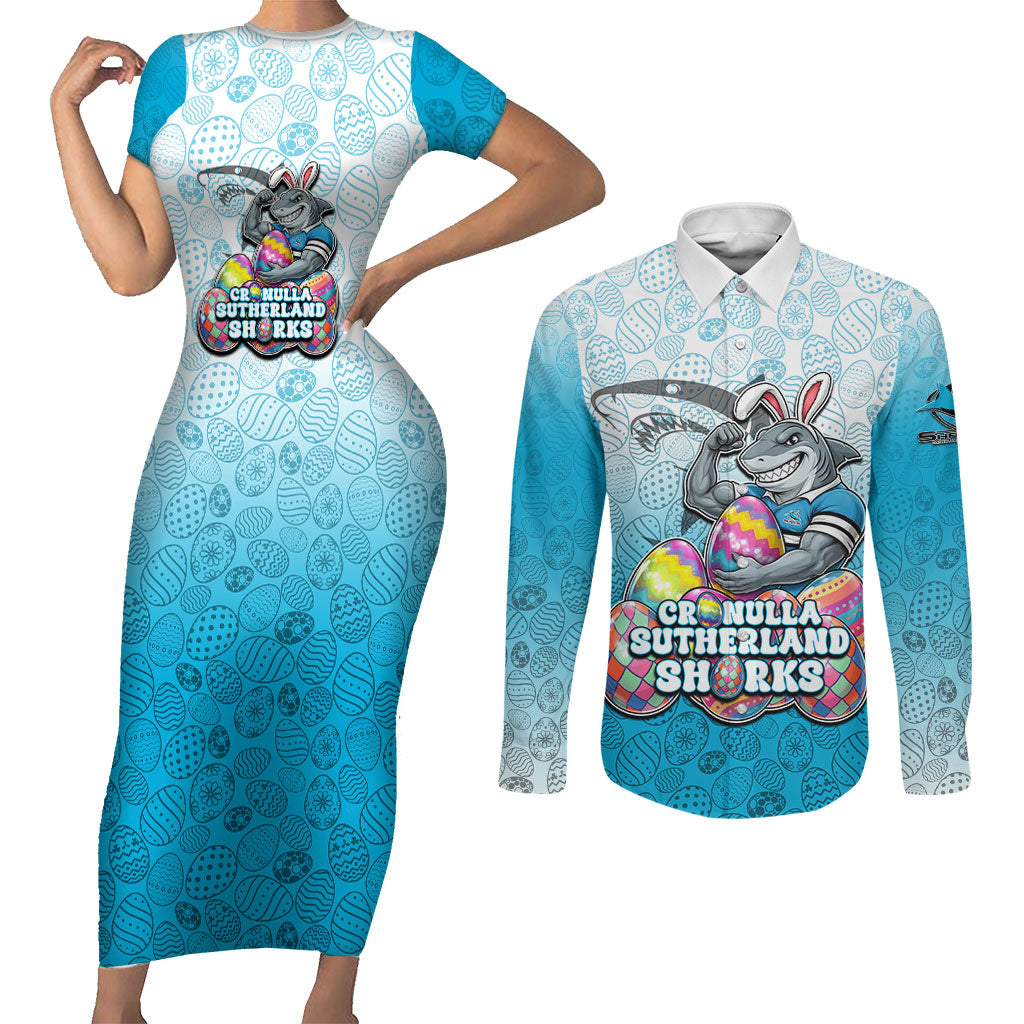 Personalized Cronulla Sutherland Sharks Couples Matching Short Sleeve Bodycon Dress and Long Sleeve Button Shirt Easter Mascot - Colorful Eggs Cartoon Style
