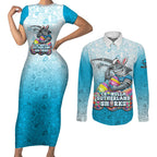 Personalized Cronulla Sutherland Sharks Couples Matching Short Sleeve Bodycon Dress and Long Sleeve Button Shirt Easter Mascot - Colorful Eggs Cartoon Style