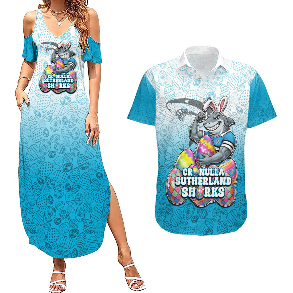 Personalized Cronulla Sutherland Sharks Couples Matching Summer Maxi Dress and Hawaiian Shirt Easter Mascot - Colorful Eggs Cartoon Style