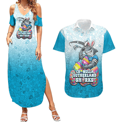 Personalized Cronulla Sutherland Sharks Couples Matching Summer Maxi Dress and Hawaiian Shirt Easter Mascot - Colorful Eggs Cartoon Style
