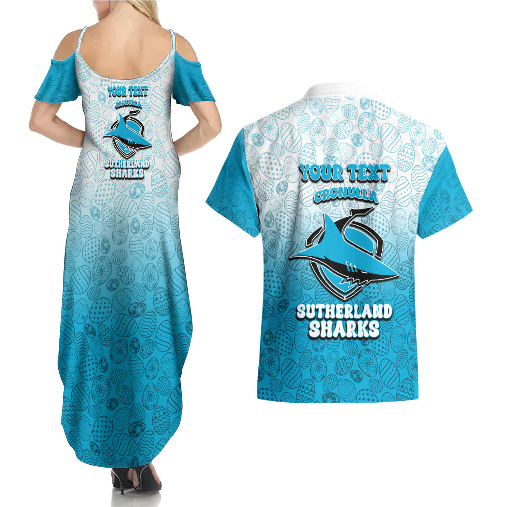 Personalized Cronulla Sutherland Sharks Couples Matching Summer Maxi Dress and Hawaiian Shirt Easter Mascot - Colorful Eggs Cartoon Style