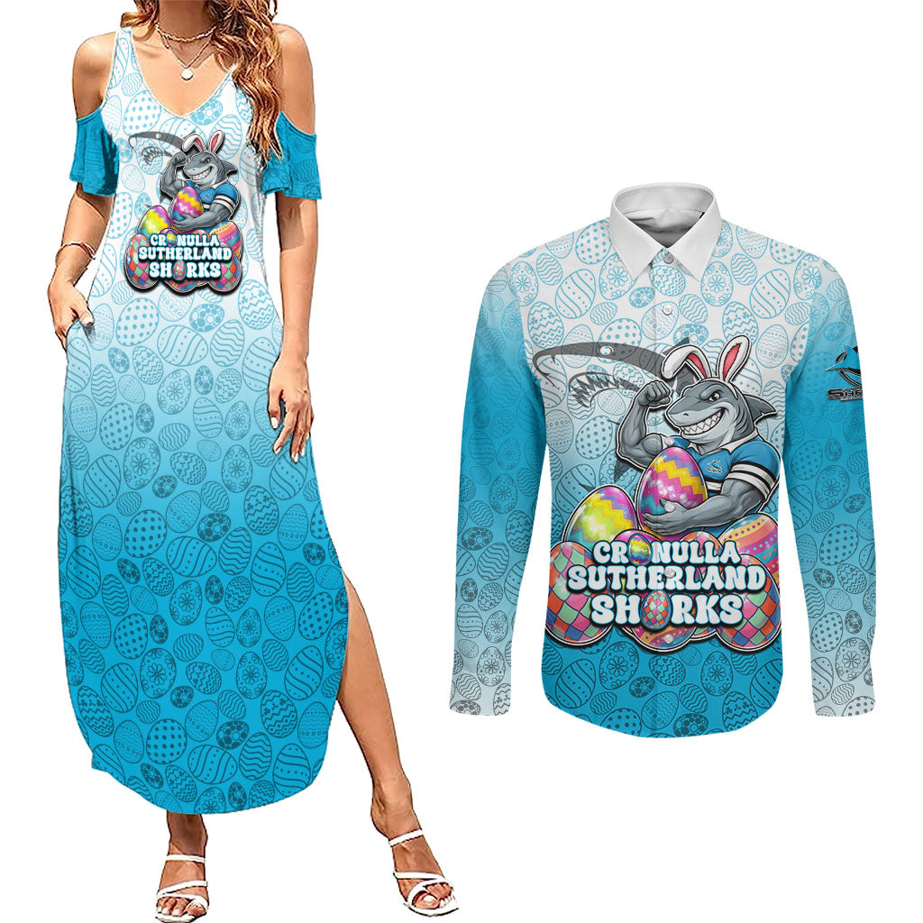 Personalized Cronulla Sutherland Sharks Couples Matching Summer Maxi Dress and Long Sleeve Button Shirt Easter Mascot - Colorful Eggs Cartoon Style