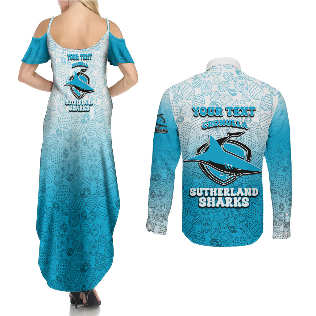 Personalized Cronulla Sutherland Sharks Couples Matching Summer Maxi Dress and Long Sleeve Button Shirt Easter Mascot - Colorful Eggs Cartoon Style