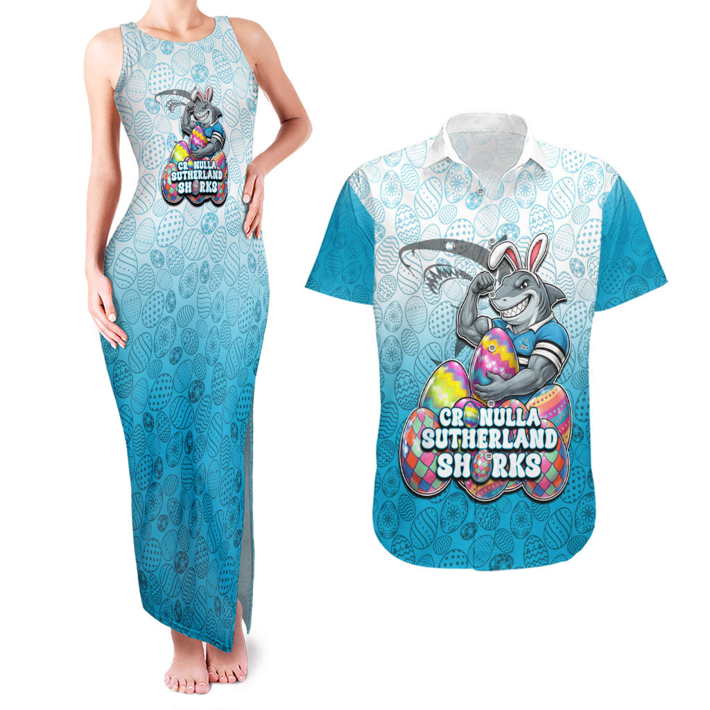 Personalized Cronulla Sutherland Sharks Couples Matching Tank Maxi Dress and Hawaiian Shirt Easter Mascot - Colorful Eggs Cartoon Style