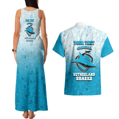 Personalized Cronulla Sutherland Sharks Couples Matching Tank Maxi Dress and Hawaiian Shirt Easter Mascot - Colorful Eggs Cartoon Style