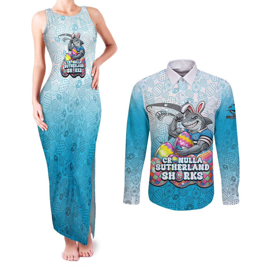 Personalized Cronulla Sutherland Sharks Couples Matching Tank Maxi Dress and Long Sleeve Button Shirt Easter Mascot - Colorful Eggs Cartoon Style