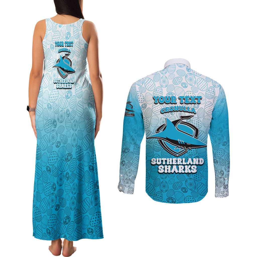 Personalized Cronulla Sutherland Sharks Couples Matching Tank Maxi Dress and Long Sleeve Button Shirt Easter Mascot - Colorful Eggs Cartoon Style