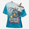 Personalized Cronulla Sutherland Sharks Cross Shoulder Shirt Easter Mascot - Colorful Eggs Cartoon Style