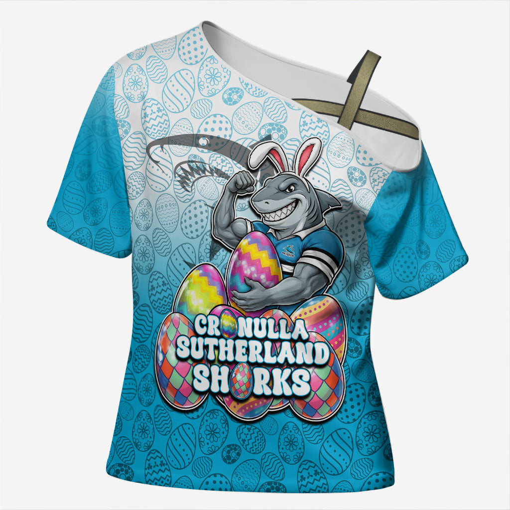 Personalized Cronulla Sutherland Sharks Cross Shoulder Shirt Easter Mascot - Colorful Eggs Cartoon Style
