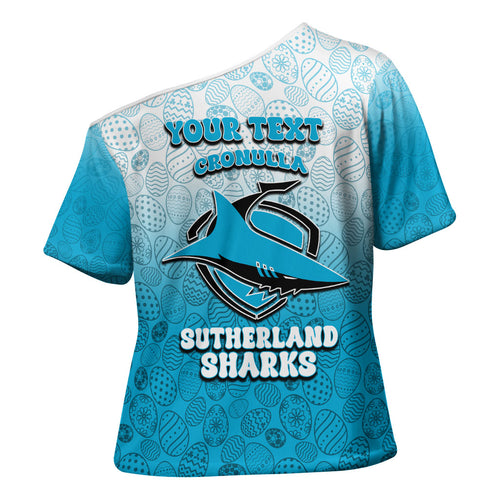 Personalized Cronulla Sutherland Sharks Cross Shoulder Shirt Easter Mascot - Colorful Eggs Cartoon Style