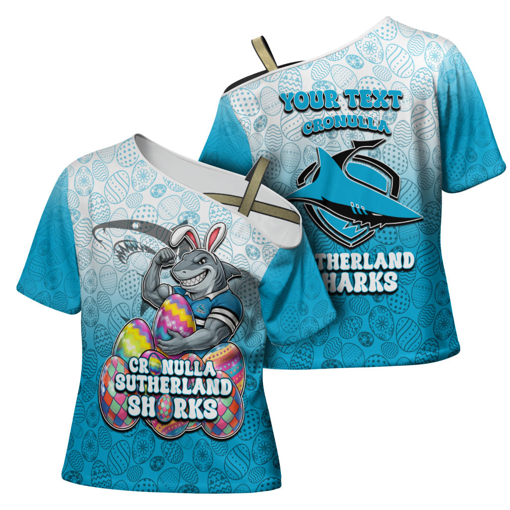 Personalized Cronulla Sutherland Sharks Cross Shoulder Shirt Easter Mascot - Colorful Eggs Cartoon Style