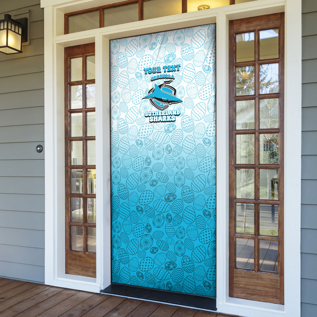 Personalized Cronulla Sutherland Sharks Door Cover Easter Mascot - Colorful Eggs Cartoon Style