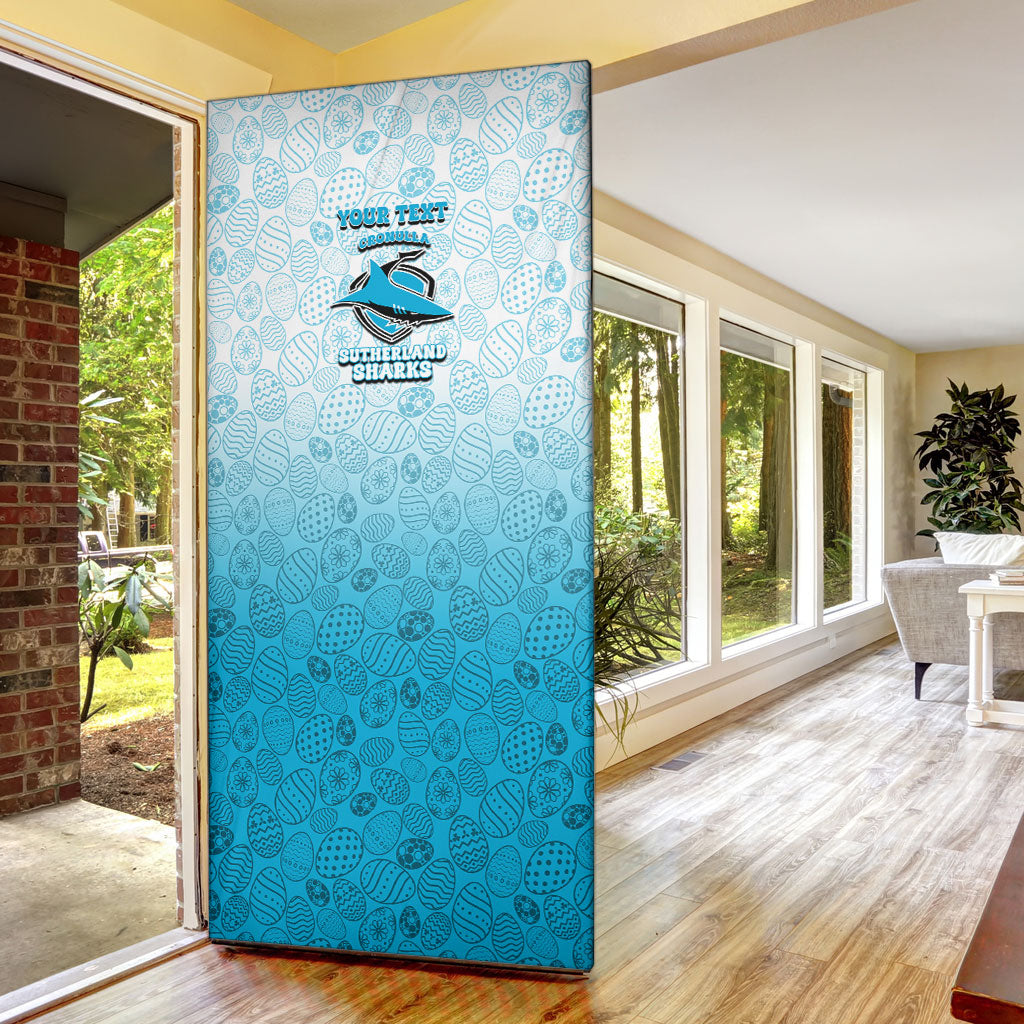 Personalized Cronulla Sutherland Sharks Door Cover Easter Mascot - Colorful Eggs Cartoon Style